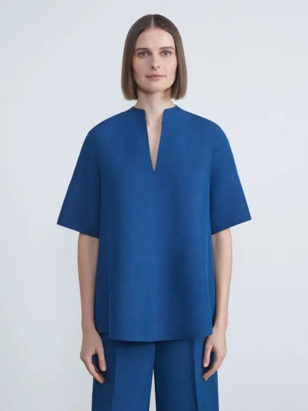 Lafayette 148 New Nork Silk Linen Blouse Parisian Blue Tunic Pop Over